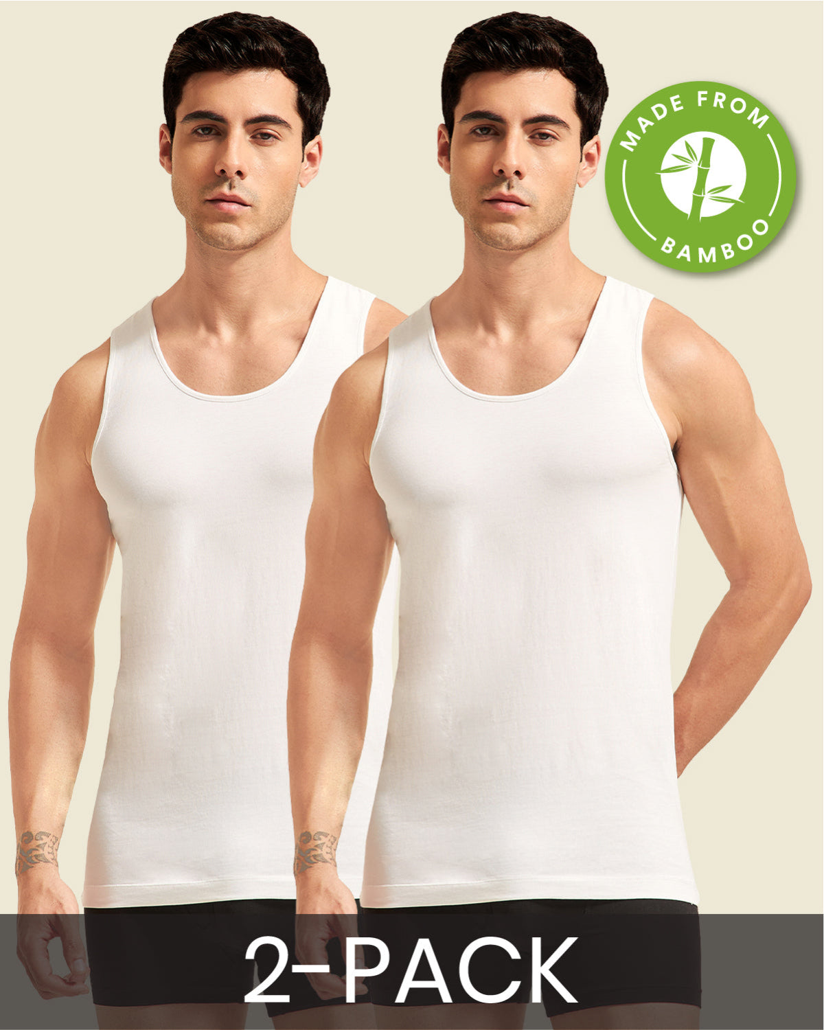 Two men wearing white tank tops with a 'Made from Bamboo' label and '2-Pack' text on a beige background.